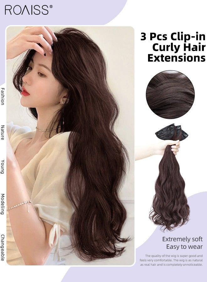 رويس 3 قطع وصلات شعر مجعد بمشبك، قطع شعر صناعية مجعدة طويلة غير مرئية وقابلة للتعديل ومقاومة للحرارة للنساء والفتيات، بني داكن، 50 سم - Image 1