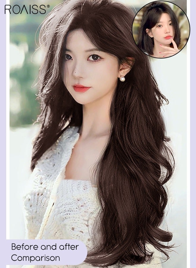 رويس 3 قطع وصلات شعر مجعد بمشبك، قطع شعر صناعية مجعدة طويلة غير مرئية وقابلة للتعديل ومقاومة للحرارة للنساء والفتيات، بني داكن، 50 سم - Image 2