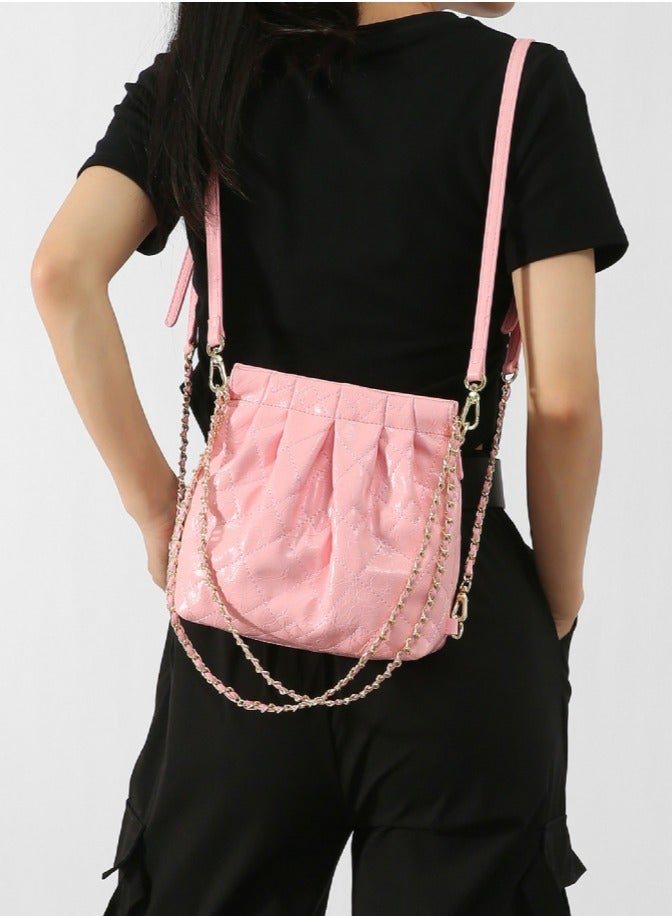 Loquat Small Bucket Bag for Women Simple Style Hobo Backpack Handbag Pink  - Image 3