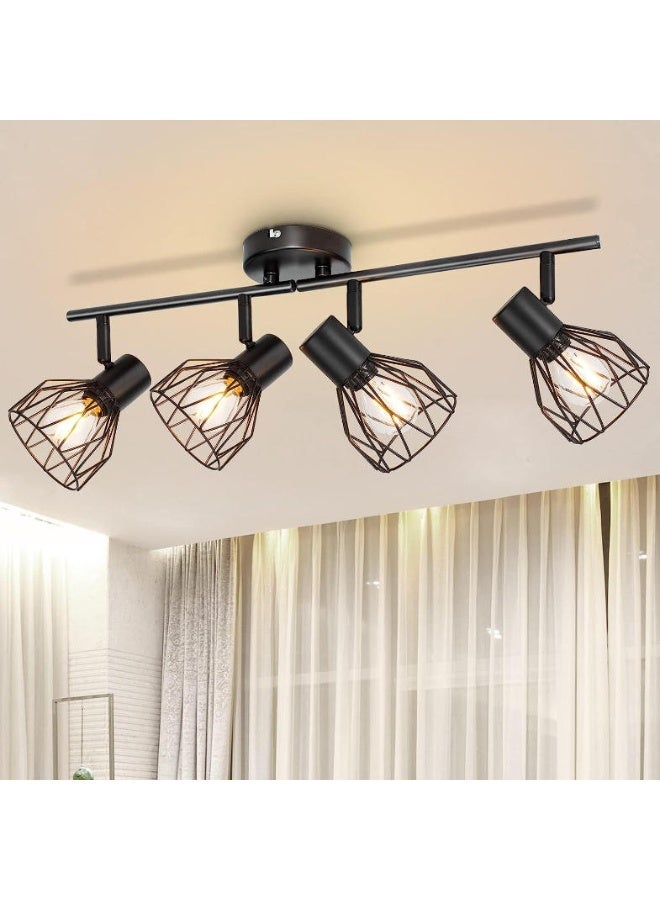 فورتي مصباح سقف دوار بأربعة اتجاهات، مصابيح سقف ريترو، أسود معدني، بظلال قفصية، مناسب للمطبخ وغرفة المعيشة وغرفة النوم (أبيض طبيعي، مع لمبات). - Image 1