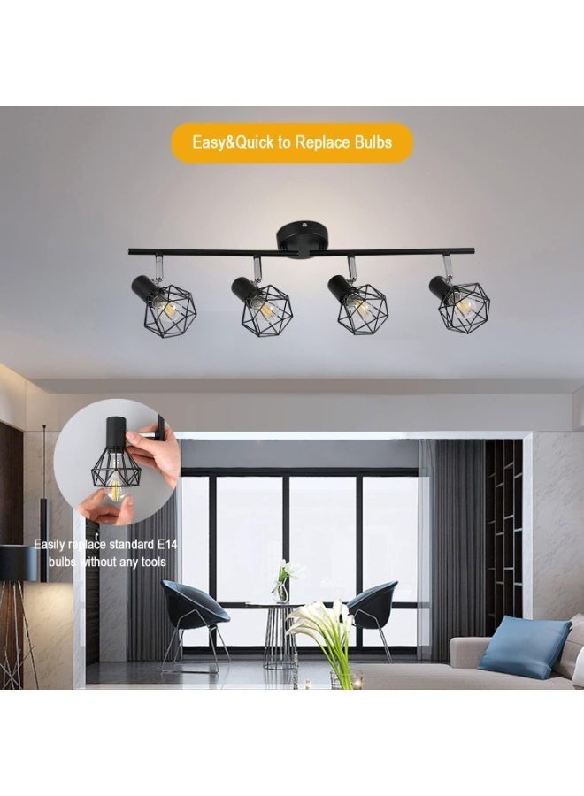 فورتي مصباح سقف دوار بأربعة اتجاهات، مصابيح سقف ريترو، أسود معدني، بظلال قفصية، مناسب للمطبخ وغرفة المعيشة وغرفة النوم (أبيض طبيعي، مع لمبات). - Image 4