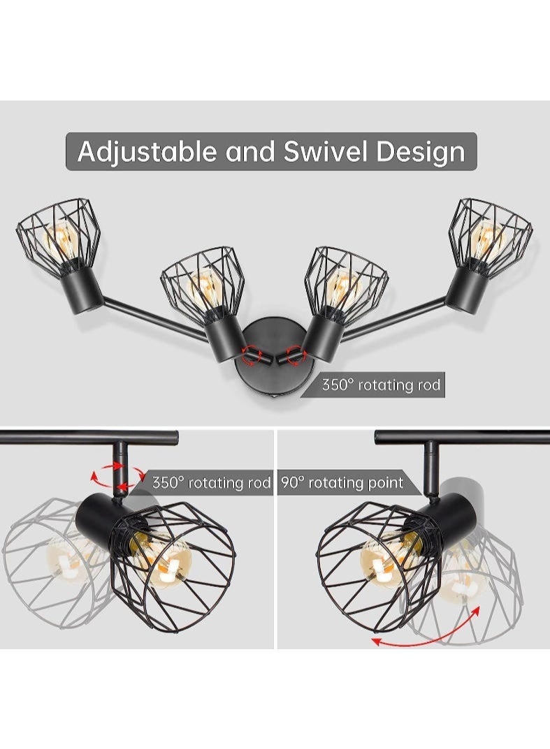 فورتي مصباح سقف دوار بأربعة اتجاهات، مصابيح سقف ريترو، أسود معدني، بظلال قفصية، مناسب للمطبخ وغرفة المعيشة وغرفة النوم (أبيض طبيعي، مع لمبات). - Image 5