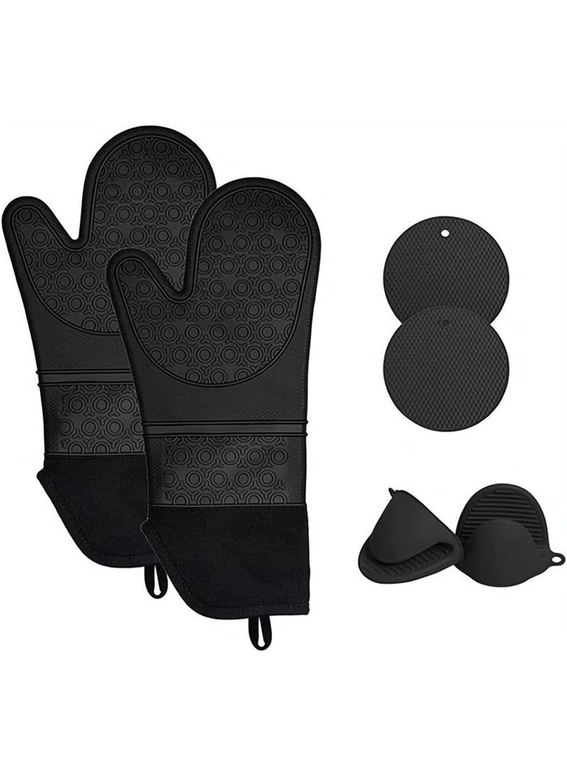 Excefore 6 Pack Extra Long Silicone Kitchen Oven Mitts with Mini Oven Gloves and Hot Pads 550Â°F Heat Resistant Non-Slip BPA Free, Black - Image 1