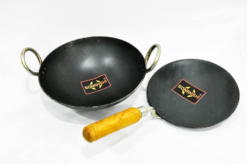 Sonanshi Sonanshi Combo of Iron/Loha/Lokhand Black Premium Durable kadhai (10 Inches) & Pure Iron/Loha Roti/Chapati Tawa (9.5 Inches) with Wooden Handle  - Image 1