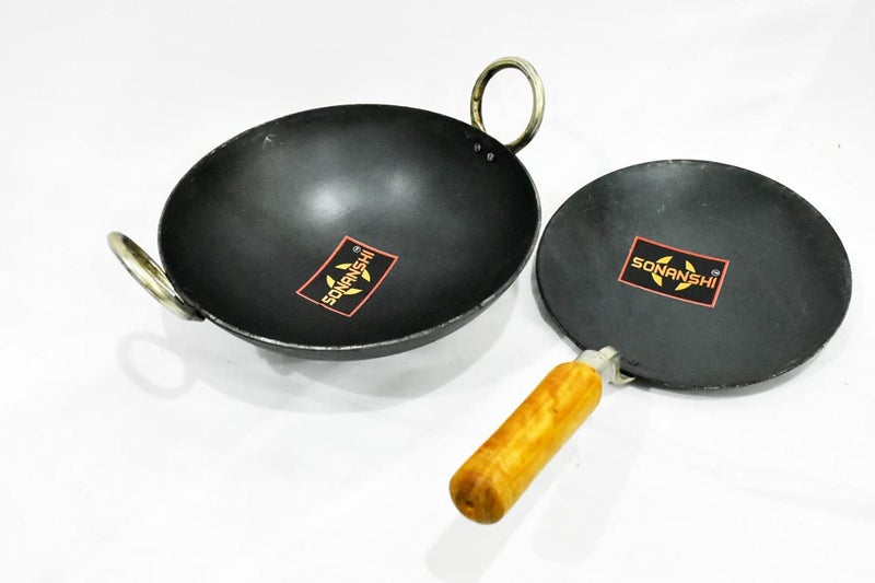 Sonanshi Sonanshi Combo of Iron/Loha/Lokhand Black Premium Durable kadhai (10 Inches) & Pure Iron/Loha Roti/Chapati Tawa (9.5 Inches) with Wooden Handle  - Image 2