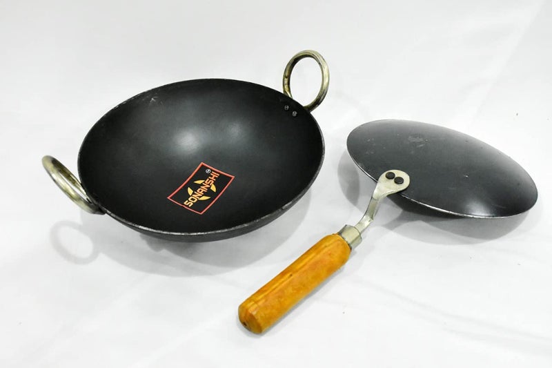 Sonanshi Sonanshi Combo of Iron/Loha/Lokhand Black Premium Durable kadhai (10 Inches) & Pure Iron/Loha Roti/Chapati Tawa (9.5 Inches) with Wooden Handle  - Image 3