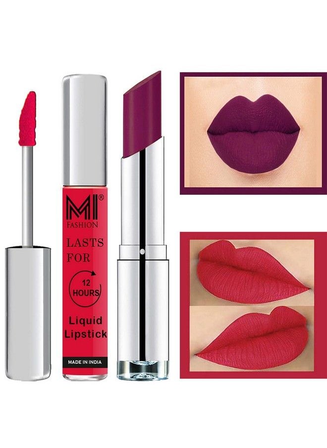 MI FASHION Made In India Lipstick Combo Offers 100% Veg Long Lasting Spring Pink Liquid Matte Lipstick Purple Passion Creamy Matte Lipstick  - Image 1