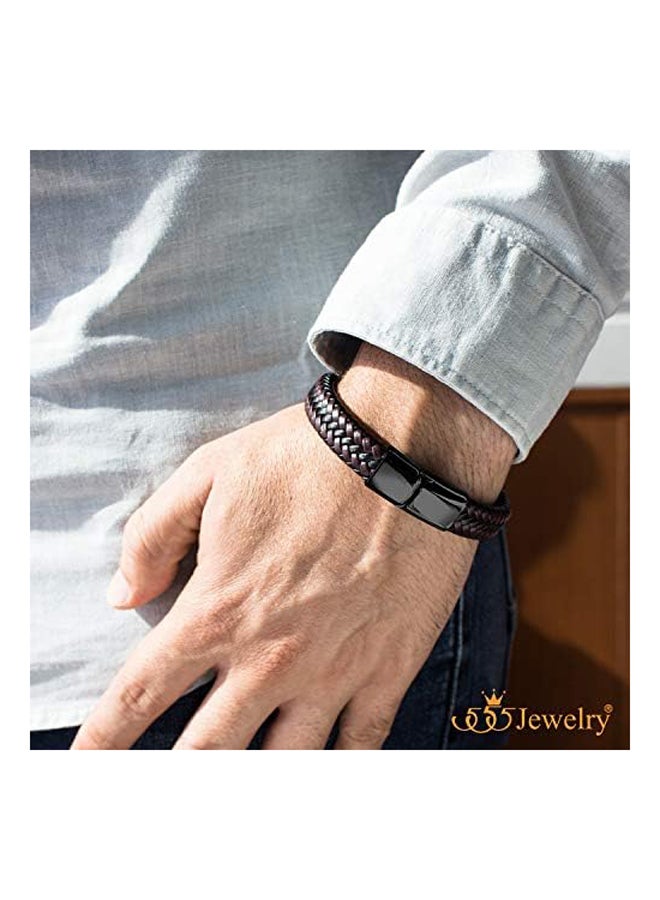 555Jewelry Stainless Steel Magnetic Clasp Braided Brown & Black Leather Bracelet for Men, 9", Metal, - Image 3