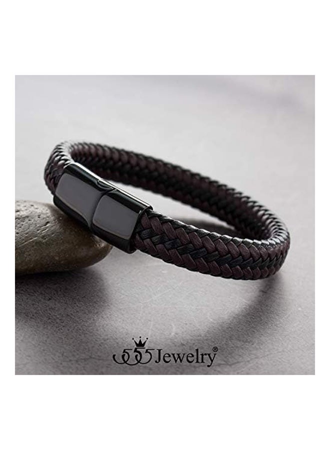 555Jewelry Stainless Steel Magnetic Clasp Braided Brown & Black Leather Bracelet for Men, 9", Metal, - Image 4