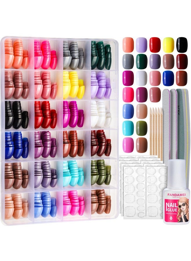 FANDAMEI Press on Nails Short, 24 Packs 576PCS Small Short Round Press on Nails, 24 Glossy Color Small Fake Nails, Glue on Nails with 7g Nail Glue, 24 Color False Nail for Small Nails and hands - Image 1