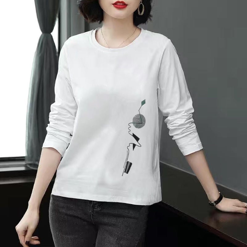 Solid Color Printed Long-Sleeved T-Shirt Women'S New Large Size Chubby Girls Middle-Aged Outer Wear Top Autumn Clothes Base Shirt