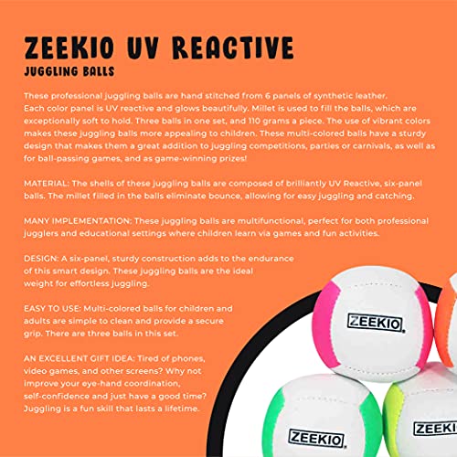 Zeekio Lunar Juggling Balls - [Set of 3], Professional UV Reactive, 6-Panel Balls, Synthetic Leather, Millet Filled, 110g Each, White/Blue - Image 3