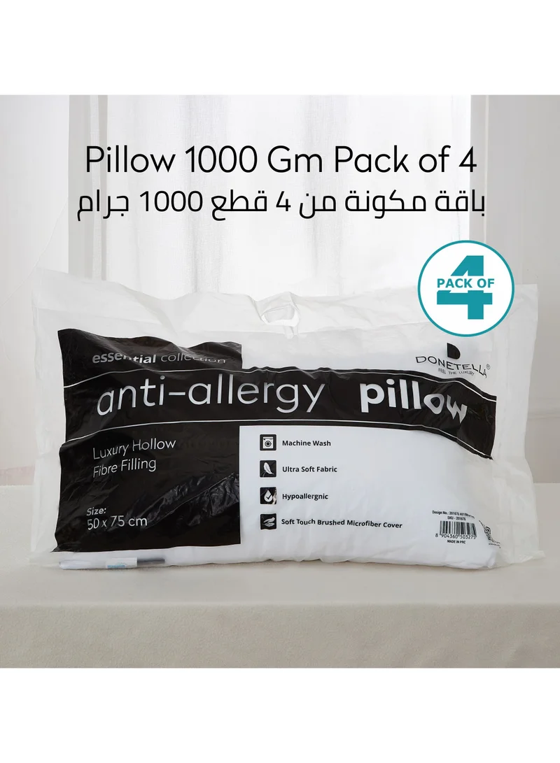 Donetella White-1000G (Pack of 4) Bed Pillow, 4 Pieces, 1000 Gram Each, Size 50x75 cm, Luxury Down Alternative Filling, Soft Brushed Microfiber, Anti-Allergy, White, Pack of 4  | Best Price UAE