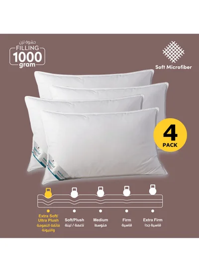 Donetella Bed Pillow, 4 Pieces, 1000 Gram Each, Size 50x75 cm, Luxury Down Alternative Filling, Soft Brushed Microfiber, Anti-Allergy, White, Pack of 4