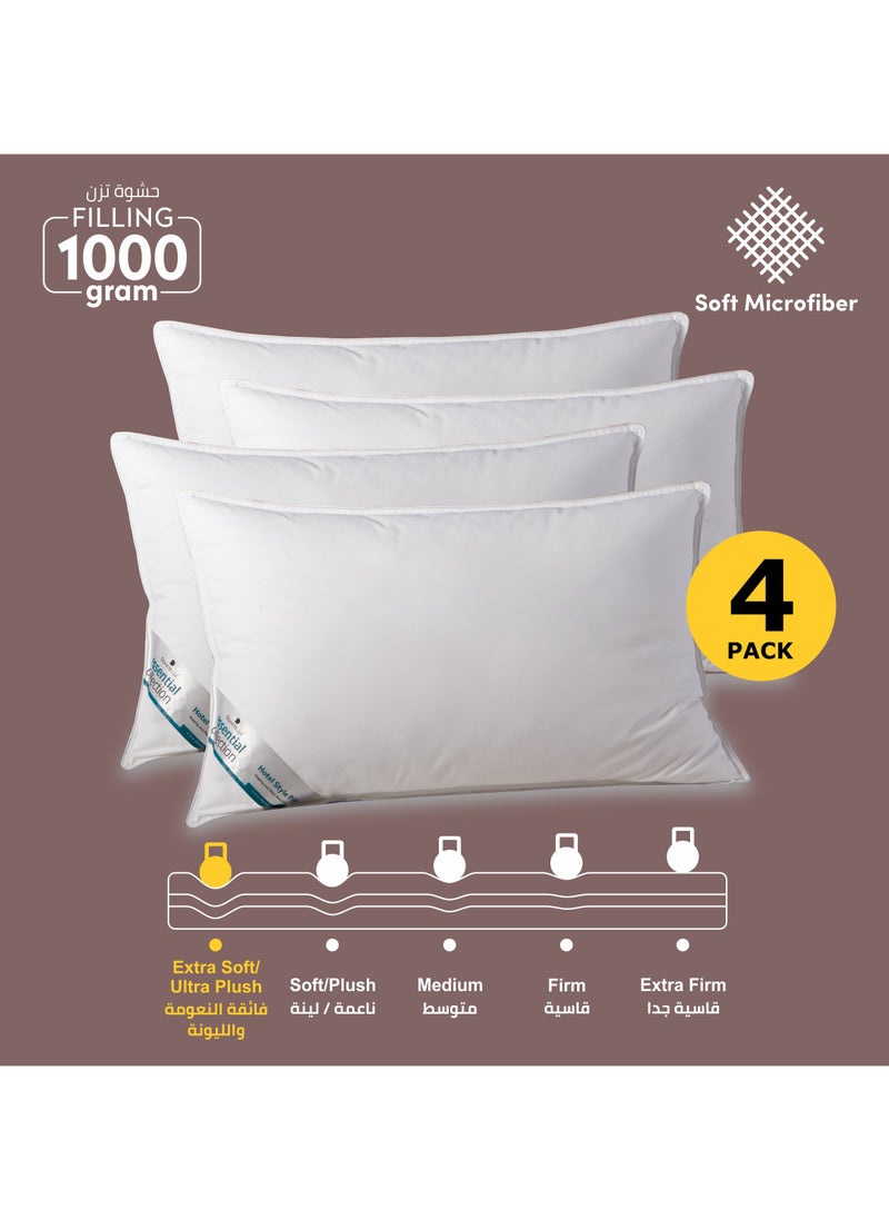 Donetella Bed Pillow, 4 Pieces, 1000 Gram Each, Size 50x75 cm, Luxury Down Alternative Filling, Soft Brushed Microfiber, Anti-Allergy, White, Pack of 4  - Image 1