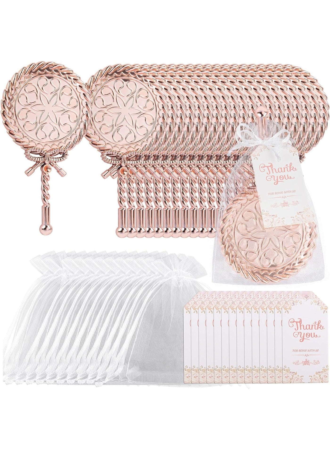 20 PCS Bow Round Makeup Mirror Handheld Bulk with Thank You Tags and Organza Bag for Wedding Party Favors Bridal Shower (Gold)
