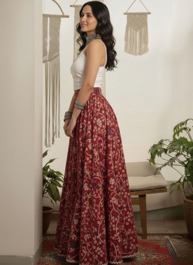 WineRed Wine Red Floral Printed Maxi Flared Skirt for Women - Image 2