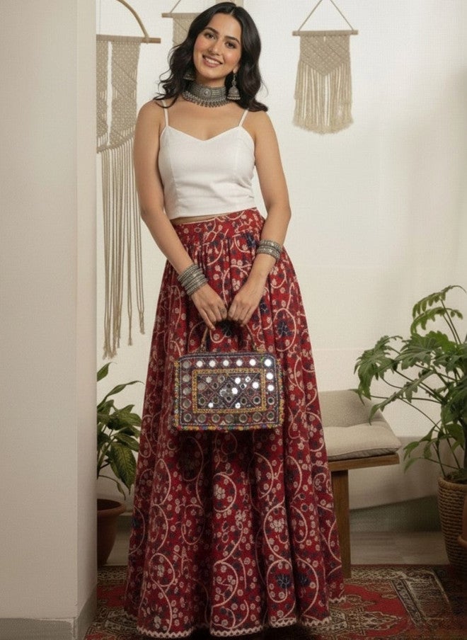 WineRed Wine Red Floral Printed Maxi Flared Skirt for Women - Image 3