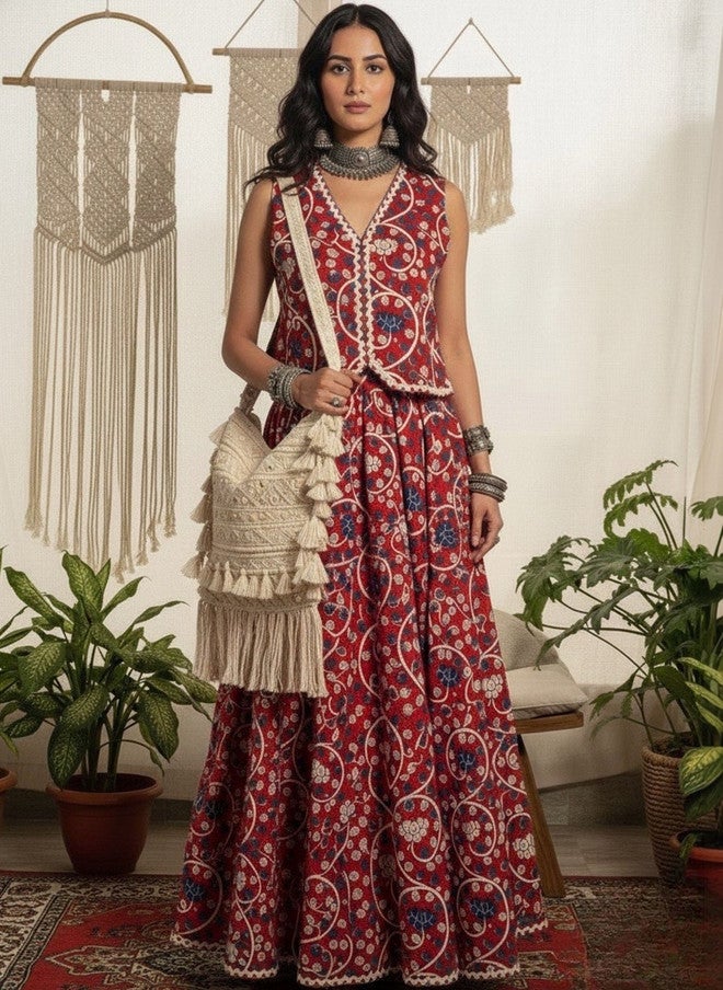 WineRed Wine Red Floral Printed Maxi Flared Skirt for Women - Image 5