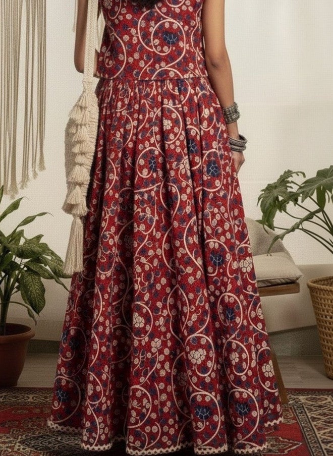 WineRed Wine Red Floral Printed Maxi Flared Skirt for Women - Image 4