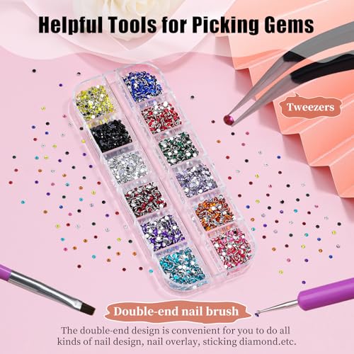 editTime 4000pcs 2mm Flatback Nail Art Rhinestones, Resin 3D Sparkling Nails Crystal Diamonds Gems Mini Charms with Tweezers and Dual-end Brush for Nail Art, Crafts Artwork DIY, Face Makeup Gems Jewels (6-K1) - Image 5