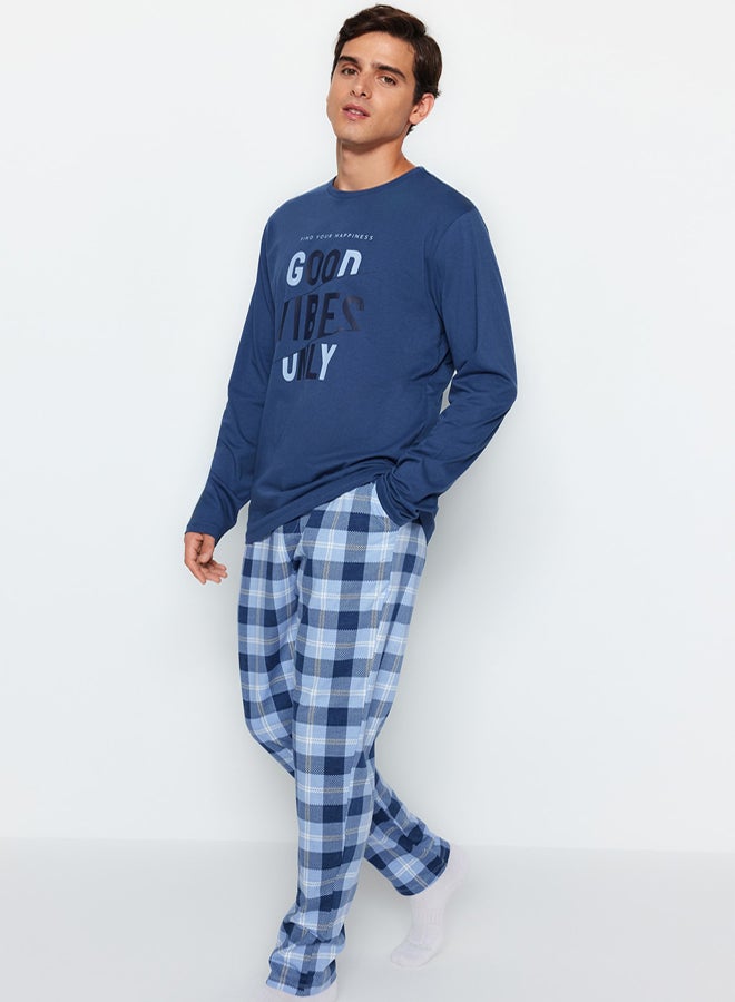 trendyol Plaid Patterned Blue Regular Fit Pajamas Set - 100% Cotton - Image 1