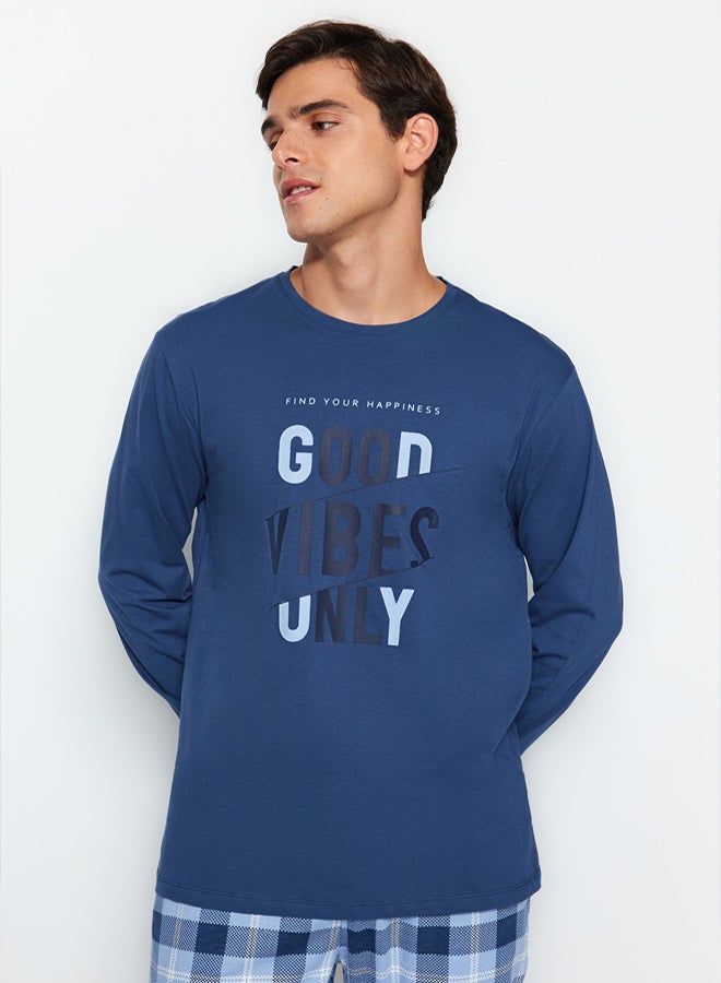 trendyol Plaid Patterned Blue Regular Fit Pajamas Set - 100% Cotton - Image 2