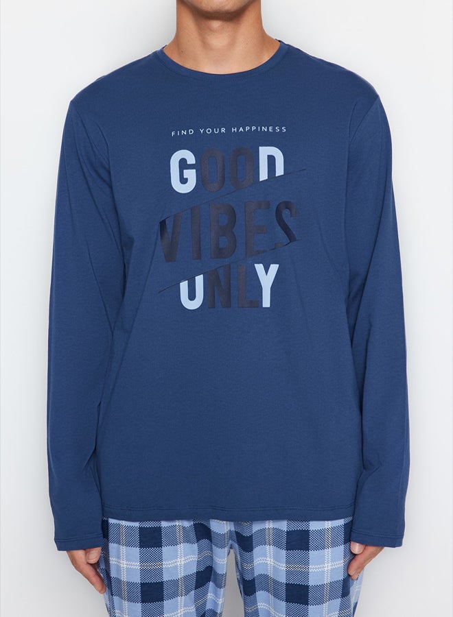 trendyol Plaid Patterned Blue Regular Fit Pajamas Set - 100% Cotton - Image 3