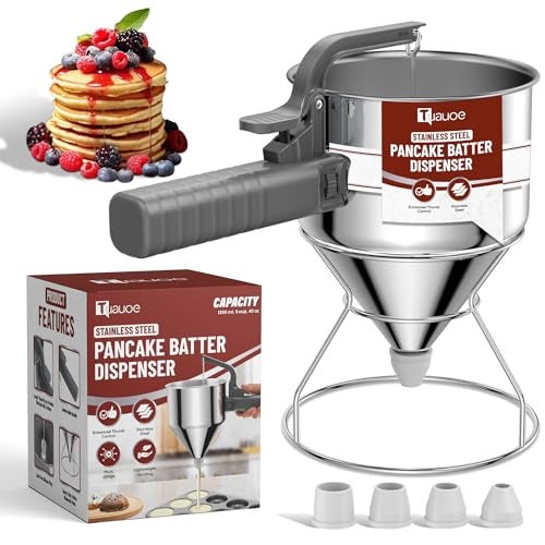 Tuauoe Stainless Steel Pancake Batter Dispenser 40oz Batter Dispenser with Squeeze Handle Great for Pancakes Cupcake Waffle or Any Baked Goods Durable LeakFree Space Gray - Image 1