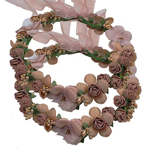 WLBON Flower Crown Headband Wreath Garland Hair Bands Floral Wedding Bridal Hair Hoop Women Leaf Ribbon Party Decoration Headdress Headwear Christmas Handmade Headpiece Hair Accessories 2 Pack Coffee - Image 1
