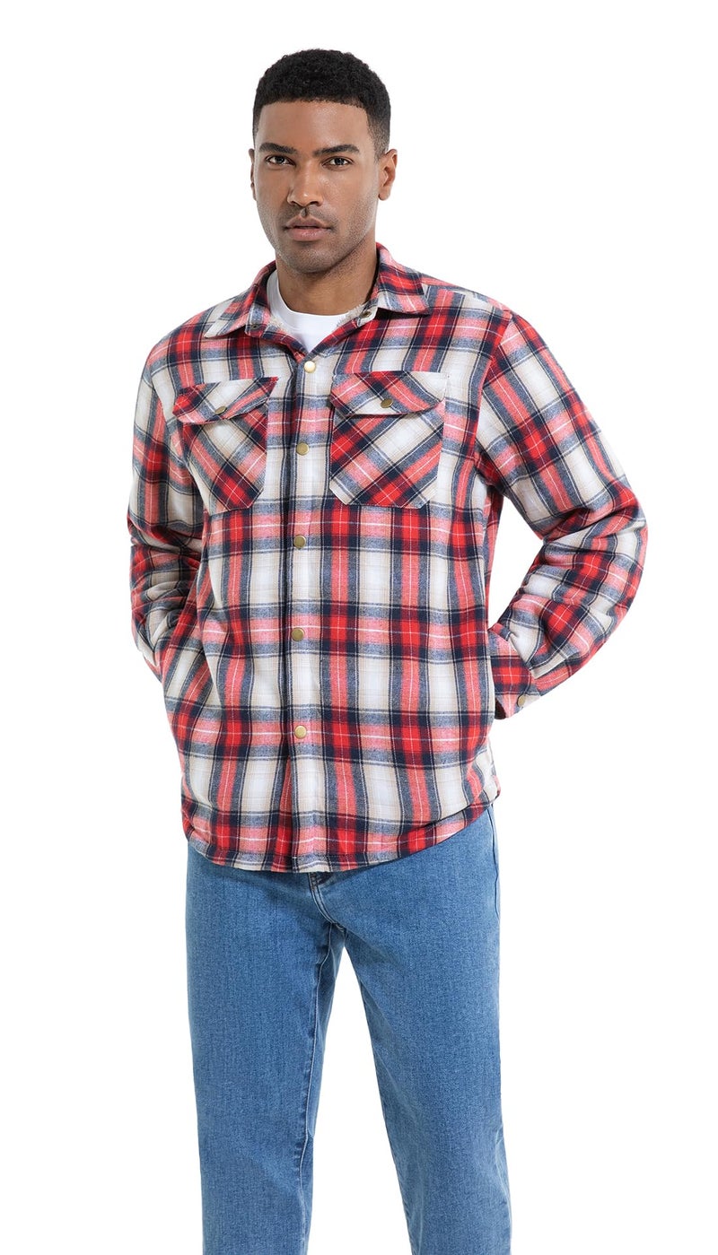 Puwasa Men's Fleece Lined Plaid Flannel Shirt Jacket Long Sleeve Button Down Coat for Men Red Large - Image 3
