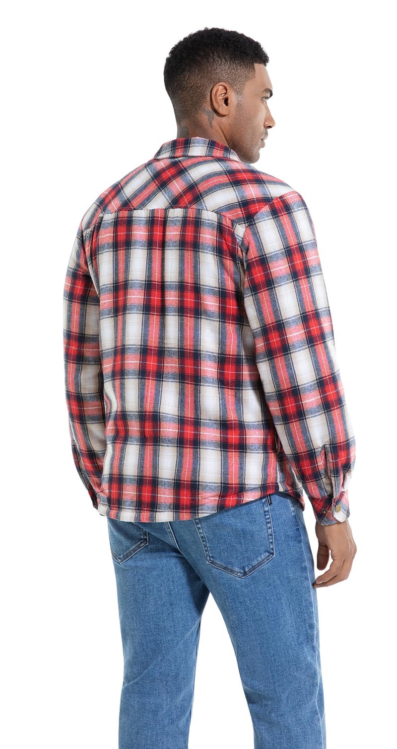 Puwasa Men's Fleece Lined Plaid Flannel Shirt Jacket Long Sleeve Button Down Coat for Men Red Large - Image 5