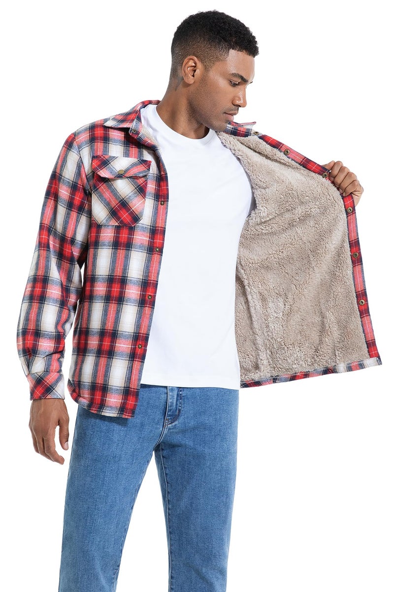 Puwasa Men's Fleece Lined Plaid Flannel Shirt Jacket Long Sleeve Button Down Coat for Men Red Large - Image 2