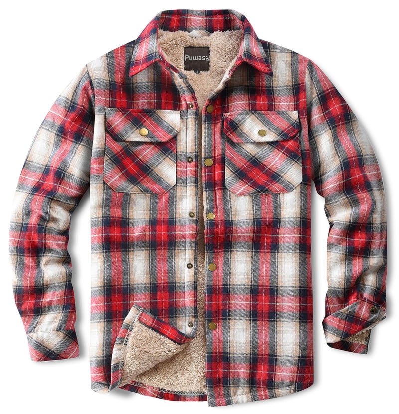 Puwasa Men's Fleece Lined Plaid Flannel Shirt Jacket Long Sleeve Button Down Coat for Men Red Large - Image 1