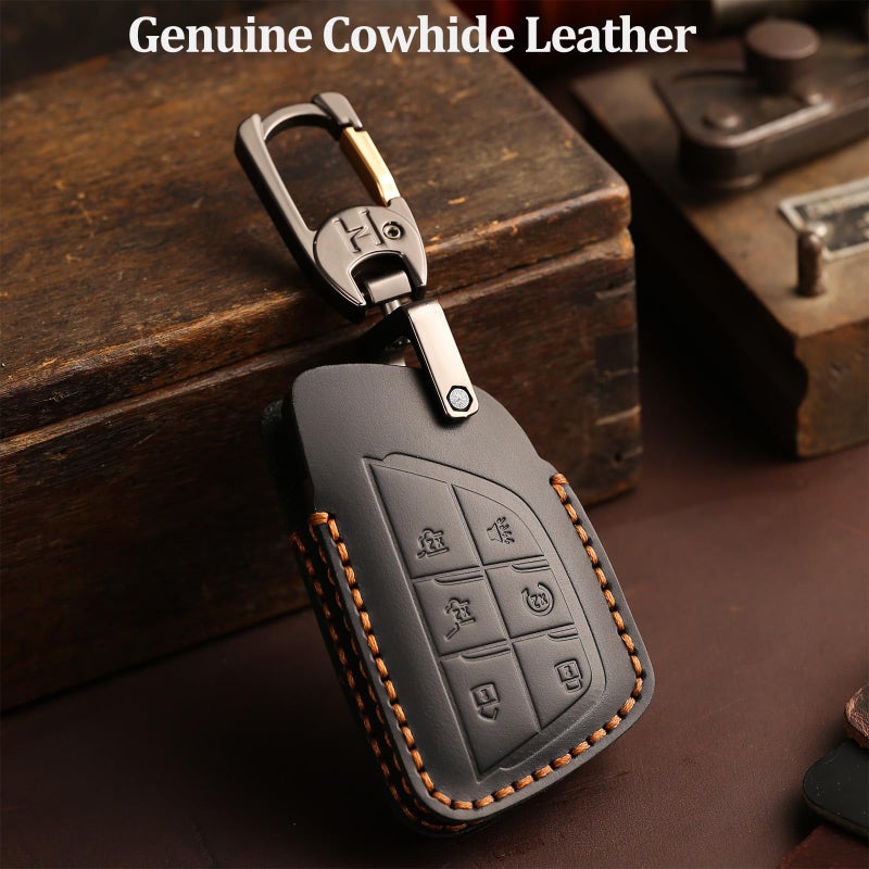 Aoocar Leather Key Fob Cover, Compatible with 2021-2025 2026 GMC Yukon Denali Sierra, For Chevy Silverado Suburban Tahoe Buick etc, Retro Style Design Key Holder Protector(6 Button, Black) - Image 3