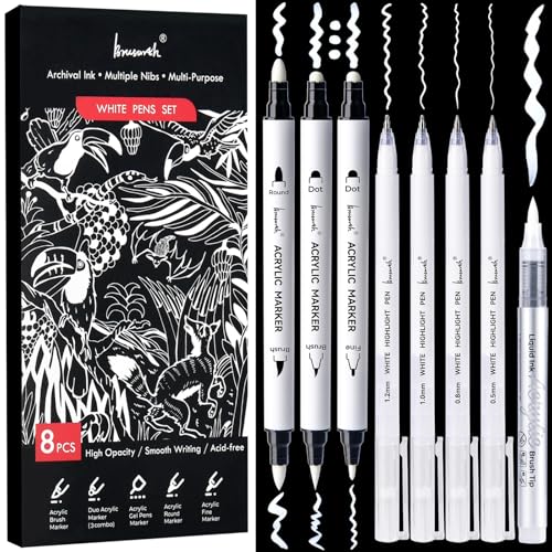 Brusarth White Ink Pens Set, Fine Point White Gel Pens, Dual-Tip Acrylic Paint Pen, Fine, Round & Brush Tip Acrylic Markers for Black Paper Drawing, Sketching, Illustration, Card Making - Image 1