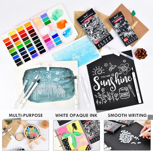 Brusarth White Ink Pens Set, Fine Point White Gel Pens, Dual-Tip Acrylic Paint Pen, Fine, Round & Brush Tip Acrylic Markers for Black Paper Drawing, Sketching, Illustration, Card Making - Image 3