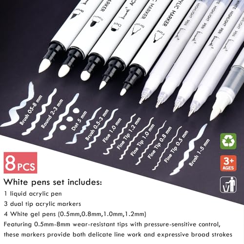 Brusarth White Ink Pens Set, Fine Point White Gel Pens, Dual-Tip Acrylic Paint Pen, Fine, Round & Brush Tip Acrylic Markers for Black Paper Drawing, Sketching, Illustration, Card Making - Image 2