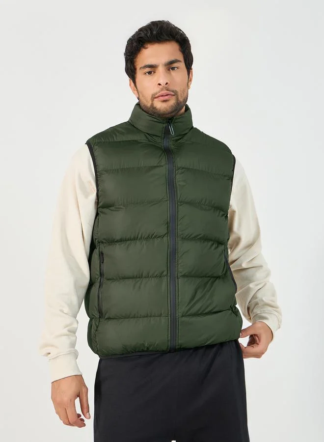 Styli Sleeveless Puffer Jacket with Contrast Zipper Detail
