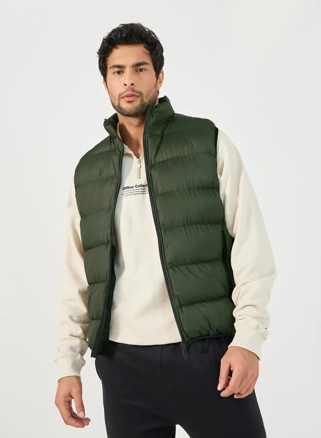 Styli Sleeveless Puffer Jacket with Contrast Zipper Detail