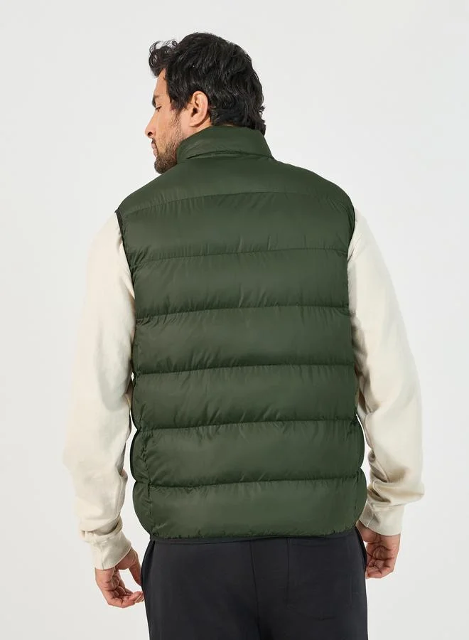 Styli Sleeveless Puffer Jacket with Contrast Zipper Detail