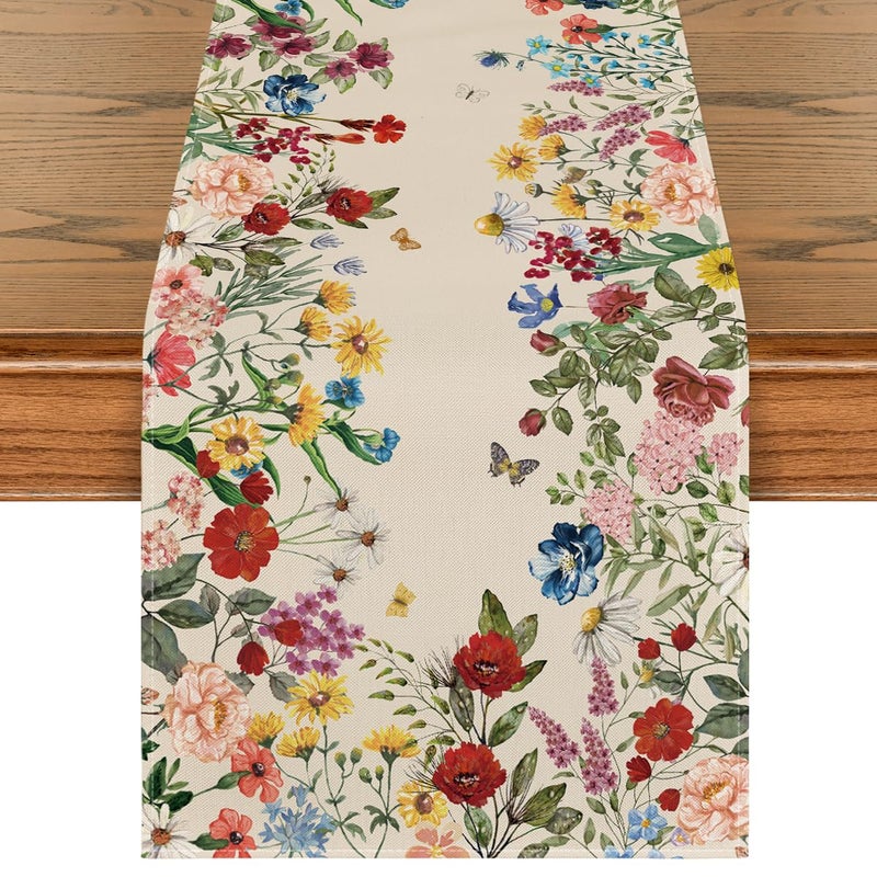 Artoid Mode Plants Floral Butterfly Valentine's Day Table Runner, Anniversary Wedding Kitchen Dining Table Decoration for Home Party Decor 13x72 Inch - Image 1
