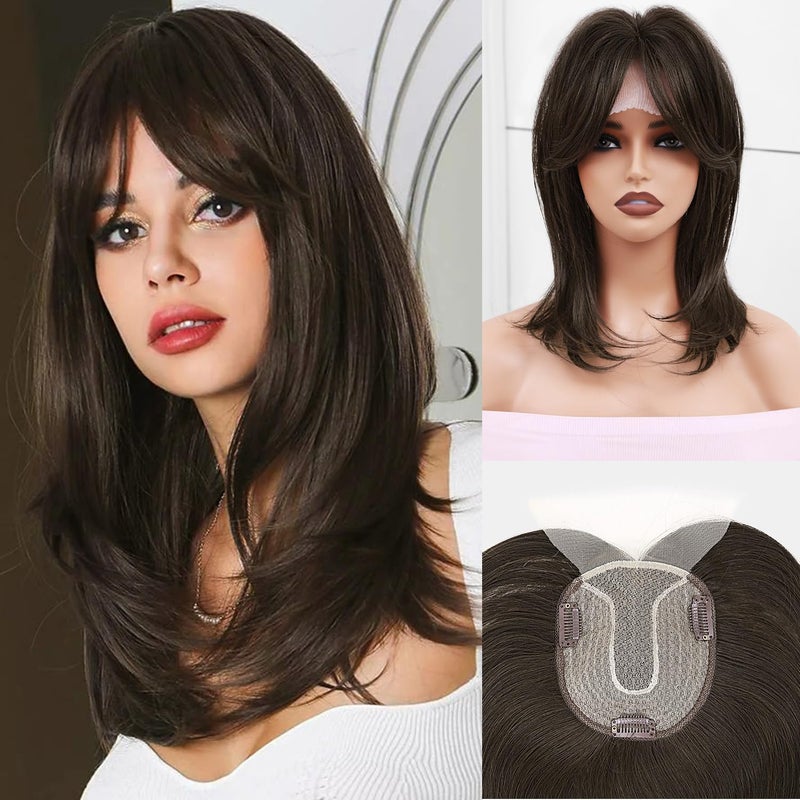 FAVE Hair Toppers for Women Hand Made Lace Base Hair Topper 14 Inches Kanekalon Hair Pieces for Thinning Hair Natural Synthetic Hair Topper with Bangs Clip in Toppers Hair Pieces for Women 124A