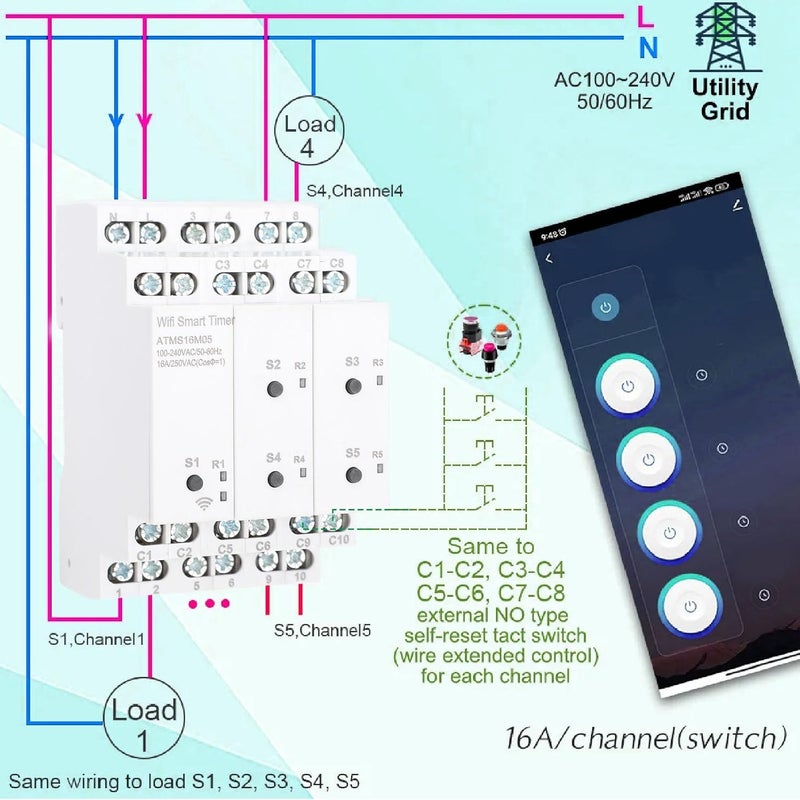 مخزون يدعم الطلب المتزايد مؤقت ذكي WALFRONT WiFi مع 5 قنوات معزولة قابلة للبرمجة ومفتاح خارجي وتحكم صوتي عن بعد يدعم تطبيق Tuya تصميم كلاسيكي مطور مواد معالجة للمتانة خيارات تصميم اقتصادية - Image 4