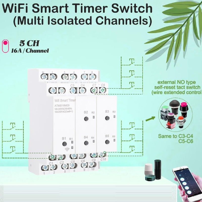 مخزون يدعم الطلب المتزايد مؤقت ذكي WALFRONT WiFi مع 5 قنوات معزولة قابلة للبرمجة ومفتاح خارجي وتحكم صوتي عن بعد يدعم تطبيق Tuya تصميم كلاسيكي مطور مواد معالجة للمتانة خيارات تصميم اقتصادية - Image 2