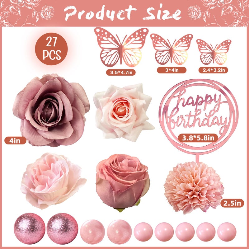 LEFUBABY Flower Cake Toppers, Happy Birthday Rose Gold Cake Decorations with Artificial Flowers Butterfly Balls for Wedding Baby Shower Birthday Party Supplies - Image 2