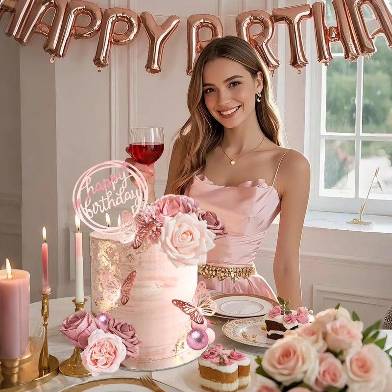 LEFUBABY Flower Cake Toppers, Happy Birthday Rose Gold Cake Decorations with Artificial Flowers Butterfly Balls for Wedding Baby Shower Birthday Party Supplies - Image 3