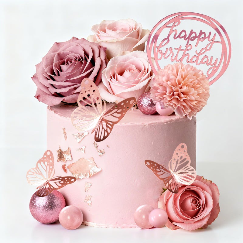 LEFUBABY Flower Cake Toppers, Happy Birthday Rose Gold Cake Decorations with Artificial Flowers Butterfly Balls for Wedding Baby Shower Birthday Party Supplies - Image 1