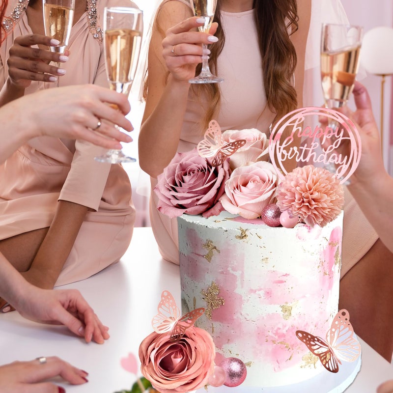 LEFUBABY Flower Cake Toppers, Happy Birthday Rose Gold Cake Decorations with Artificial Flowers Butterfly Balls for Wedding Baby Shower Birthday Party Supplies - Image 5