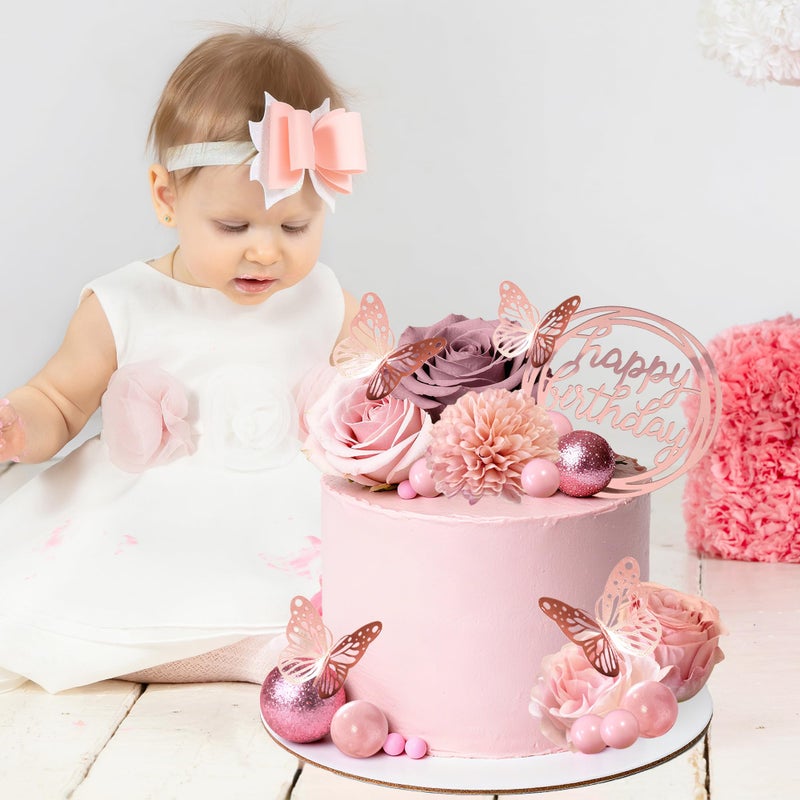 LEFUBABY Flower Cake Toppers, Happy Birthday Rose Gold Cake Decorations with Artificial Flowers Butterfly Balls for Wedding Baby Shower Birthday Party Supplies - Image 4